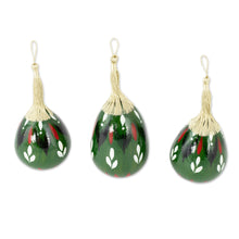 Load image into Gallery viewer, Set of Three Hand-Painted Green Dried Gourd Ornaments - Green Eve | NOVICA