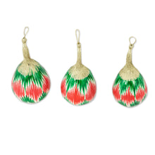 Load image into Gallery viewer, Set of 3 Hand-Painted Green and Red Ikat Gourd Ornaments - Ikat Eve in Green | NOVICA