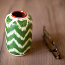 Load image into Gallery viewer, Uzbek Ikat-Themed Hand-Painted Glazed Ceramic Vase in Green - Uzbek Green Ikat | NOVICA
