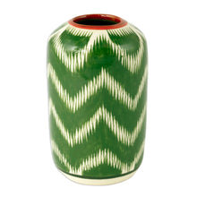 Load image into Gallery viewer, Uzbek Ikat-Themed Hand-Painted Glazed Ceramic Vase in Green - Uzbek Green Ikat | NOVICA