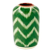 Load image into Gallery viewer, Uzbek Ikat-Themed Hand-Painted Glazed Ceramic Vase in Green - Uzbek Green Ikat | NOVICA