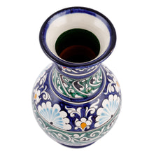 Load image into Gallery viewer, Floral Blue and Green Glazed Ceramic Center-Choke Vase - Blue Empyrean | NOVICA