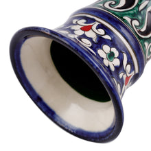Load image into Gallery viewer, Floral Blue and Green Glazed Ceramic Center-Choke Vase - Blue Empyrean | NOVICA