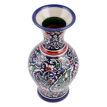 Load image into Gallery viewer, Paisley and Floral Royal Blue and Red Glazed Ceramic Vase - Red Desires | NOVICA
