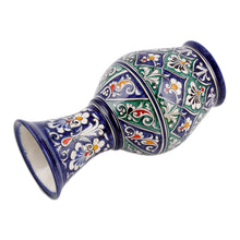 Load image into Gallery viewer, Floral Painted Blue and Green Glazed Ceramic Bud Vase - Blue Manor | NOVICA