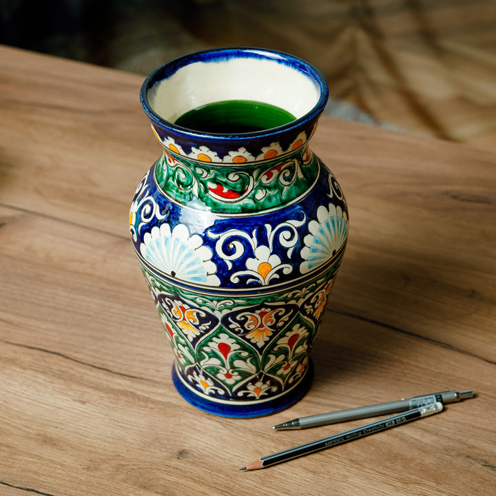 Uzbekistan Blue and Green Glazed Ceramic Bouquet Vase - Rishtan Heritage | NOVICA