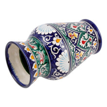 Load image into Gallery viewer, Uzbekistan Blue and Green Glazed Ceramic Bouquet Vase - Rishtan Heritage | NOVICA