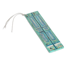 Load image into Gallery viewer, Hand-Painted Cedar Wood Antique Door Bookmark in Turquoise - Vintage Door in Teal | NOVICA