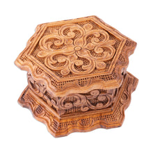Load image into Gallery viewer, Hand-Carved Floral Hexagonal Elm Tree Wood Jewelry Box - Flourishing Treasure | NOVICA