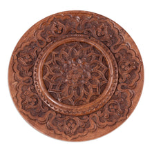 Load image into Gallery viewer, Hand-Carved Floral Round Brown Elm Tree Wood Relief Panel - Spring on the Silk Road | NOVICA