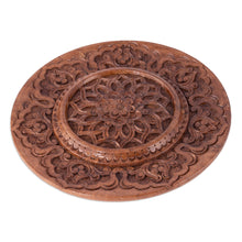Load image into Gallery viewer, Hand-Carved Floral Round Brown Elm Tree Wood Relief Panel - Spring on the Silk Road | NOVICA