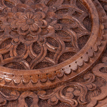 Load image into Gallery viewer, Hand-Carved Floral Round Brown Elm Tree Wood Relief Panel - Spring on the Silk Road | NOVICA