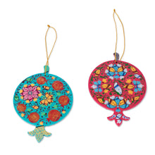 Load image into Gallery viewer, Pair of Lacquered Wood Pomegranate Ornaments from Uzbekistan - Splendid Pomegranates | NOVICA