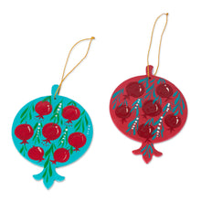 Load image into Gallery viewer, Pair of Lacquered Wood Pomegranate Ornaments from Uzbekistan - Splendid Pomegranates | NOVICA
