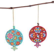 Load image into Gallery viewer, Pair of Lacquered Wood Pomegranate Ornaments from Uzbekistan - Splendid Pomegranates | NOVICA