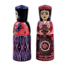 Load image into Gallery viewer, Set of Two Blue and Red Wood Figurines of Traditional Girls - Dushanbe Dames | NOVICA