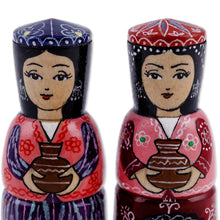 Load image into Gallery viewer, Set of Two Blue and Red Wood Figurines of Traditional Girls - Dushanbe Dames | NOVICA