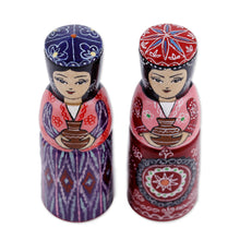 Load image into Gallery viewer, Set of Two Blue and Red Wood Figurines of Traditional Girls - Dushanbe Dames | NOVICA