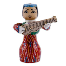 Load image into Gallery viewer, Painted Traditional Red Wood Figurine of Girl and Tanbur - Tanbur Red Rhythms | NOVICA