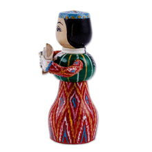 Load image into Gallery viewer, Painted Traditional Red Wood Figurine of Girl and Tanbur - Tanbur Red Rhythms | NOVICA