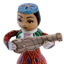 Load image into Gallery viewer, Painted Traditional Red Wood Figurine of Girl and Tanbur - Tanbur Red Rhythms | NOVICA