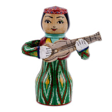 Load image into Gallery viewer, Painted Traditional Green Wood Figurine of Girl and Tanbur - Tanbur Green Rhythms | NOVICA
