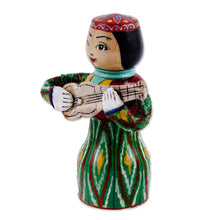 Load image into Gallery viewer, Painted Traditional Green Wood Figurine of Girl and Tanbur - Tanbur Green Rhythms | NOVICA