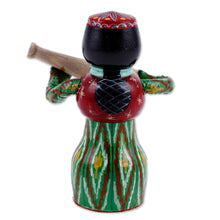 Load image into Gallery viewer, Painted Traditional Green Wood Figurine of Girl and Tanbur - Tanbur Green Rhythms | NOVICA
