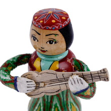 Load image into Gallery viewer, Painted Traditional Green Wood Figurine of Girl and Tanbur - Tanbur Green Rhythms | NOVICA
