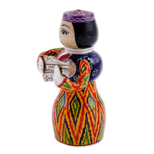 Load image into Gallery viewer, Painted Traditional Vibrant Wood Figurine of Girl and Tanbur - Tanbur Warm Rhythms | NOVICA