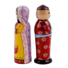 Load image into Gallery viewer, Set of 2 Yellow and Red Wood Bride and Groom Figurines - Majestic Marriage | NOVICA
