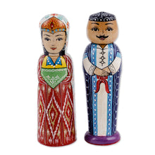 Load image into Gallery viewer, Set of 2 Red and Blue Wood Bride and Groom Figurines - Splendorous Marriage | NOVICA