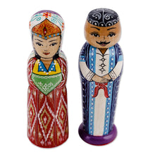 Load image into Gallery viewer, Set of 2 Red and Blue Wood Bride and Groom Figurines - Splendorous Marriage | NOVICA
