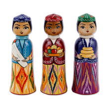 Load image into Gallery viewer, Set of 3 Handcrafted Traditional Multicolor Wood Figurines - Tajikistan Dames | NOVICA