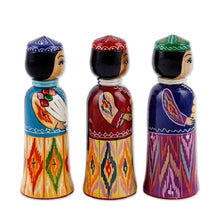Load image into Gallery viewer, Set of 3 Handcrafted Traditional Multicolor Wood Figurines - Tajikistan Dames | NOVICA