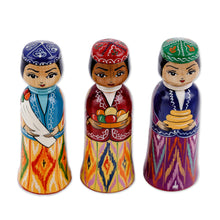 Load image into Gallery viewer, Set of 3 Handcrafted Traditional Multicolor Wood Figurines - Tajikistan Dames | NOVICA