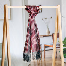 Load image into Gallery viewer, Burgundy Hand-Woven Fringed Silk Ikat Scarf from Uzbekistan - Stylish Burgundy | NOVICA