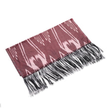 Load image into Gallery viewer, Burgundy Hand-Woven Fringed Silk Ikat Scarf from Uzbekistan - Stylish Burgundy | NOVICA
