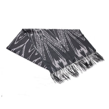 Load image into Gallery viewer, Hand-Woven Fringed Silk Ikat Scarf in Black from Uzbekistan - Stylish Black | NOVICA