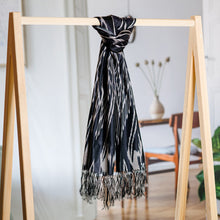 Load image into Gallery viewer, Hand-Woven Fringed Silk Ikat Scarf in Black from Uzbekistan - Stylish Black | NOVICA