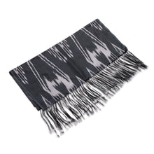 Load image into Gallery viewer, Hand-Woven Fringed Silk Ikat Scarf in Black from Uzbekistan - Stylish Black | NOVICA