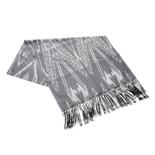 Load image into Gallery viewer, Hand-Woven Fringed Silk Ikat Scarf in Grey from Uzbekistan - Stylish Grey | NOVICA