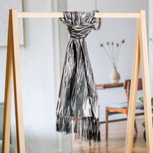 Load image into Gallery viewer, Hand-Woven Fringed Silk Ikat Scarf in Grey from Uzbekistan - Stylish Grey | NOVICA