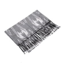 Load image into Gallery viewer, Hand-Woven Fringed Silk Ikat Scarf in Grey from Uzbekistan - Stylish Grey | NOVICA