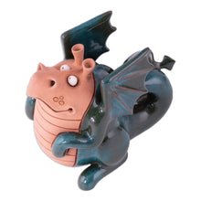 Load image into Gallery viewer, Handcrafted Green and Rosewood Ceramic Dragon Figurine - Legendary Friend | NOVICA