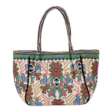 Load image into Gallery viewer, Tote Bag with Floral Uzbek Irokoi Hand Embroidery - Flower Magnetism | NOVICA