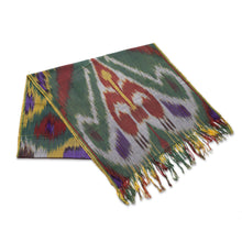 Load image into Gallery viewer, Colorful Fringed Cotton Ikat Scarf Hand-Woven in Uzbekistan - Symphony of Colors | NOVICA