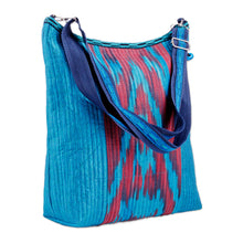 Load image into Gallery viewer, Blue and Red Ikat Patterned Cotton Shoulder Bag with Zipper - Blue Vessel | NOVICA