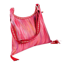 Load image into Gallery viewer, Warm-Toned Ikat Patterned Cotton Hobo Bag with Tassels - Fire Days | NOVICA
