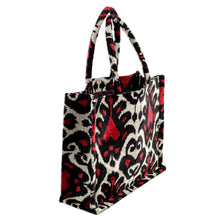Load image into Gallery viewer, Classic Patterned Cherry and Beige Silk Velvet Handle Bag - Cherry Grandeur | NOVICA
